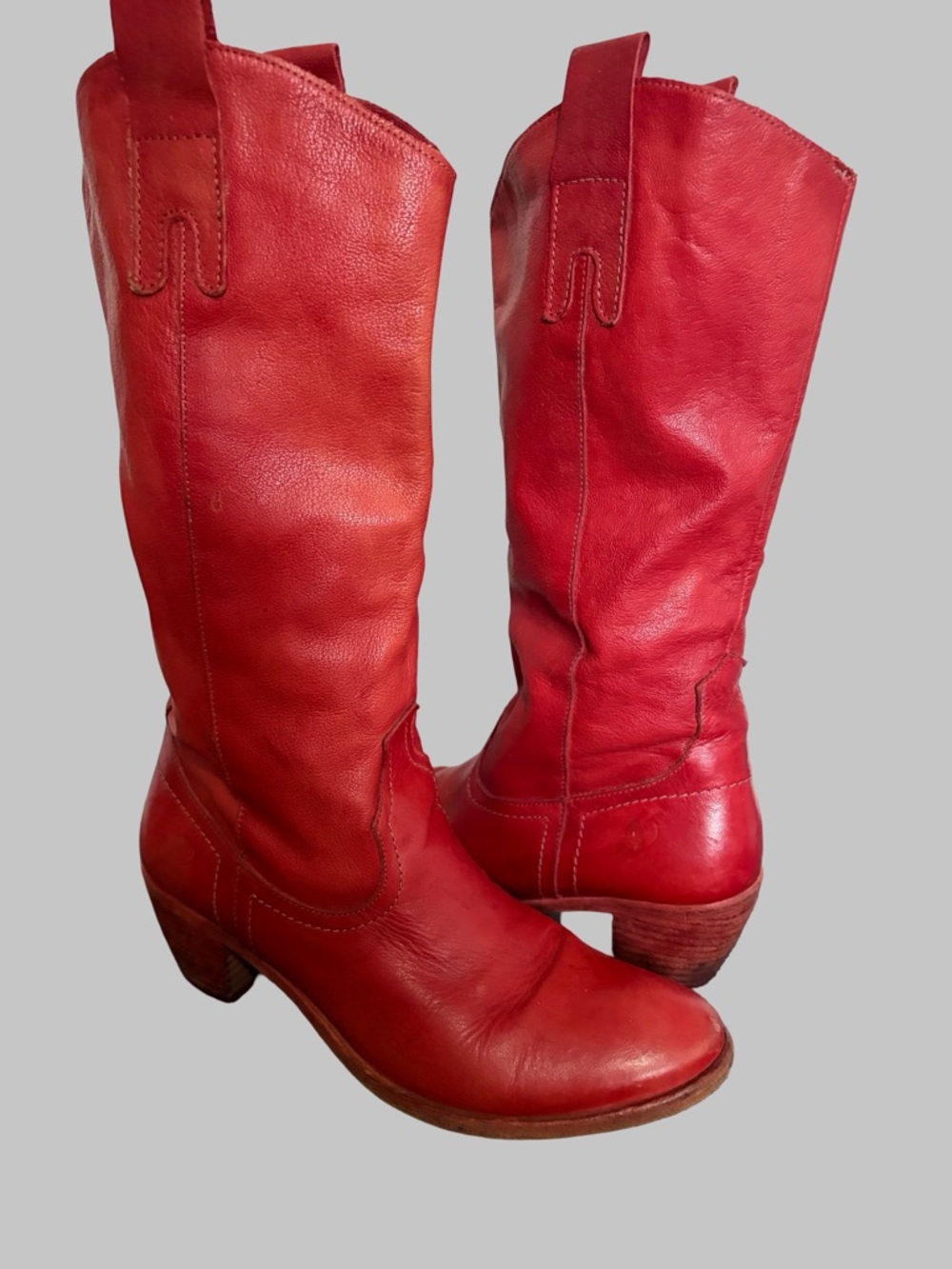 Felmini Portugal Red Leather Pull on Mid Calf Stacked Heel Western Rodeo Boot-41